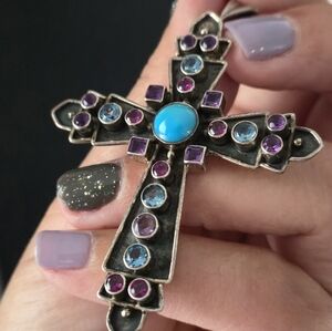 Nicky Butler 925 Sterling Silver Cross Necklace Pendant Turquoise Topaz Vintage